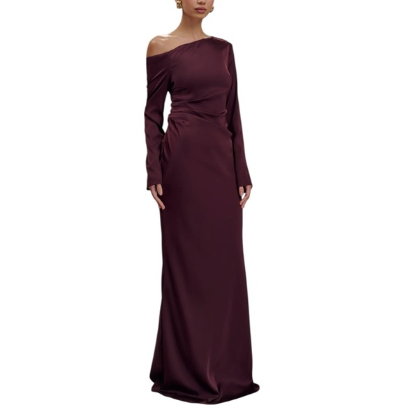 Meshki Avery Plum One Shoulder Maxi Dress S Long Sleeve Ruched Evening Gown - Picture 3 of 14